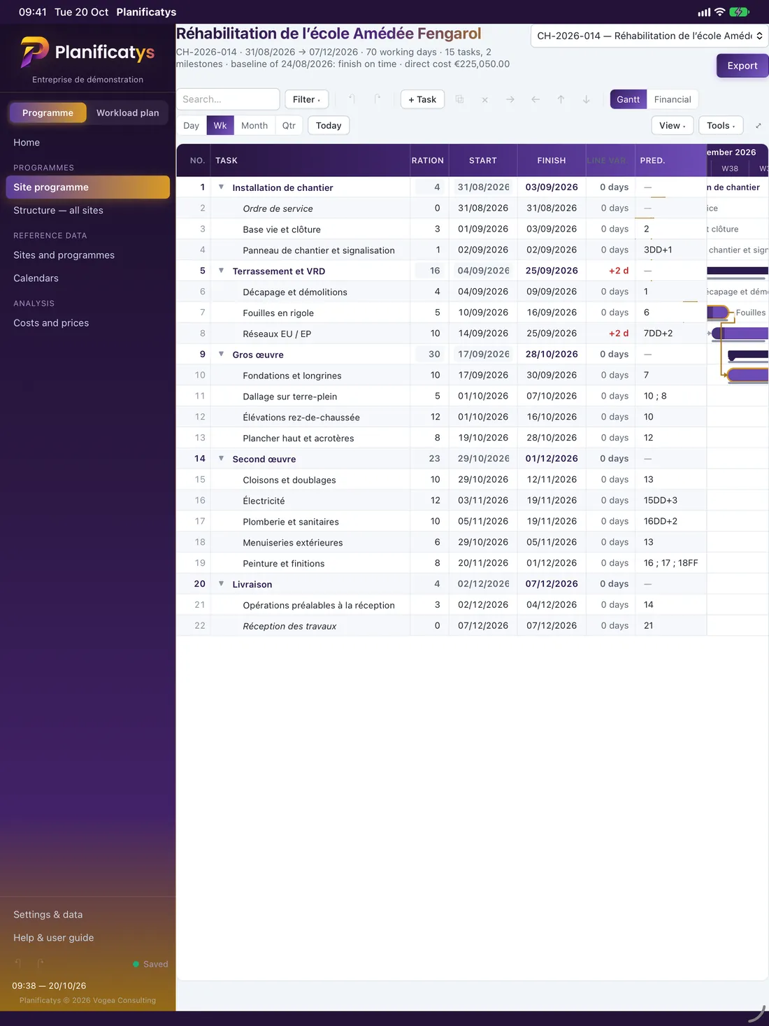 A site programme in Planificatys on iPad