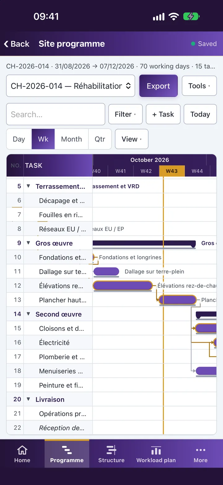 The Planificatys site programme on iPhone