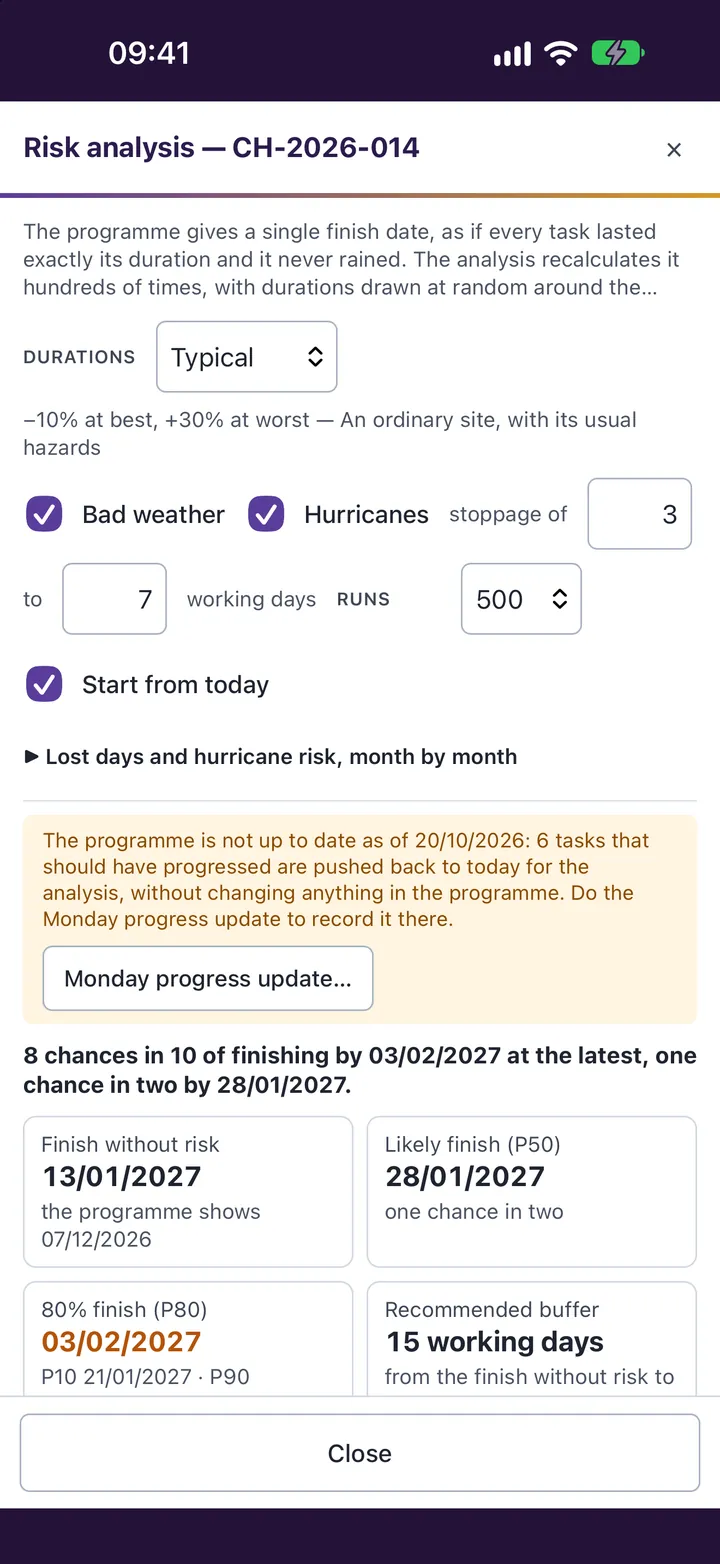 Risk analysis in Planificatys on iPhone: likely finish, 80% finish and recommended buffer