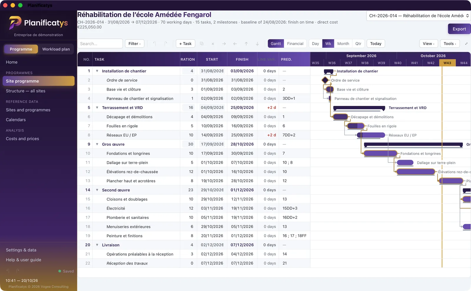 A site programme in Planificatys on Mac: task table and Gantt chart, trade packages, links and critical path
