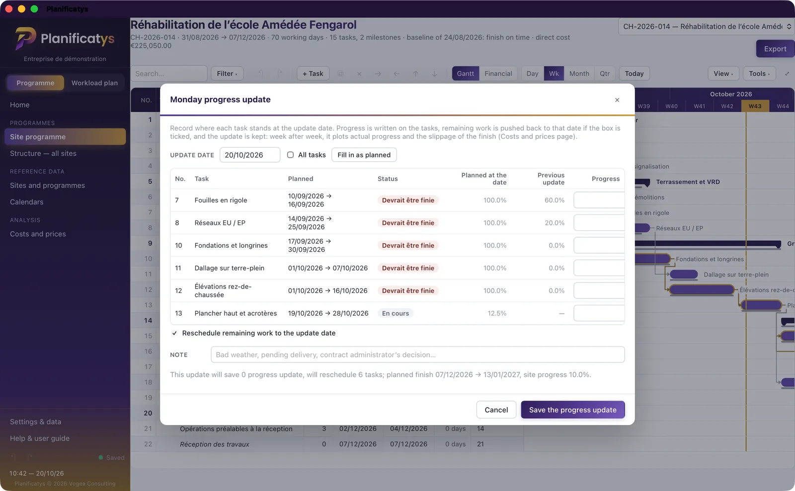 The Monday progress update window in Planificatys: tasks under way with their progress, planned progress and previous update